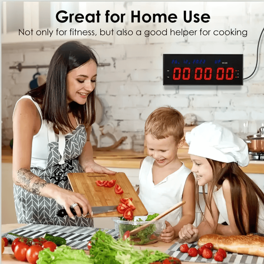 Family cooking in kitchen with LED Wall Gym Timer Clock with Remote for Workouts - SF3477 mounted on wall.